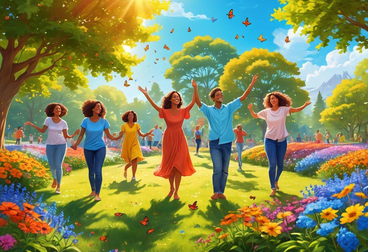 A vibrant scene of a diverse group of people joyfully engaged in various activities like dancing, gardening, and meditating in a sunlit park filled with colorful flowers and butterflies. The background features a bright blue sky and cheerful sunshine, symbolizing positivity and personal growth. The overall atmosphere radiates happiness, connection, and a sense of community. cartoon style. bright colors. whimsical.
