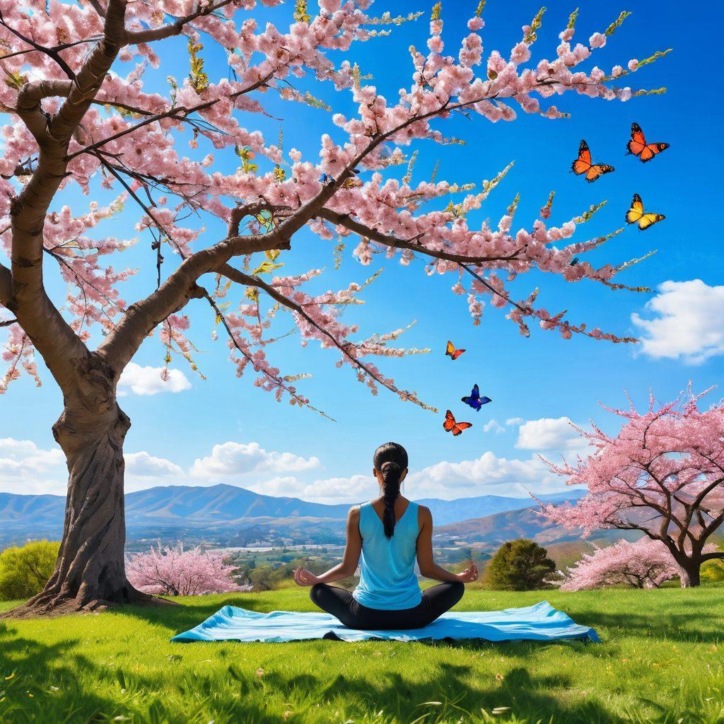 A serene landscape featuring a person meditating under a blooming cherry blossom tree, surrounded by colorful butterflies and gentle sunlight filtering through the leaves. In the background, a clear blue sky and soft rolling hills symbolize tranquility and growth. Incorporate uplifting affirmations like 'Stay Positive' and 'Embrace Change' subtly within the scene. The overall color palette should be bright and soothing. vibrant colors. painting.