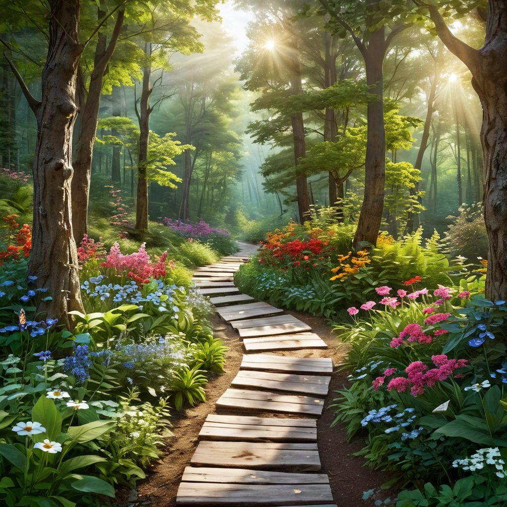 A serene nature scene representing a winding path through a lush forest, with flowers blooming alongside. Along the path, individuals of diverse backgrounds engage in mindfulness activities, such as yoga and meditation. Sunlight filters through the trees, creating a warm, inviting atmosphere. Add elements that symbolize personal growth, like butterflies and trees with abundant fruits. vibrant colors. super-realistic.